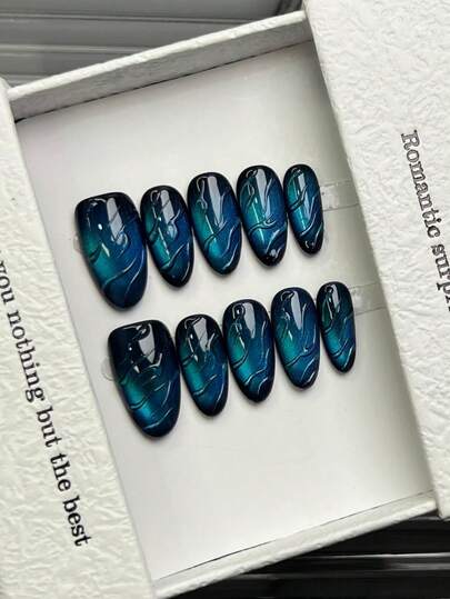 10片手工椭圆形亚克力美甲贴片，中号，简约蓝色美甲，闪亮猫眼，水波纹图案，简约优雅奢华手工美甲，春季美甲，夏季美甲贴片，多功能美甲DIY假指甲，适合派对、日常、约会、海滩、热带度假等场合，可重复使用，送给女性和女孩的礼物，美甲用品