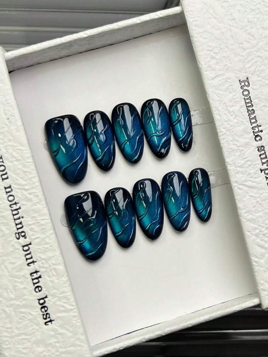 10片手工椭圆形亚克力美甲贴片，中号，简约蓝色美甲，闪亮猫眼，水波纹图案，简约优雅奢华手工美甲，春季美甲，夏季美甲贴片，多功能美甲DIY假指甲，适合派对、日常、约会、海滩、热带度假等场合，可重复使用，送给女性和女孩的礼物，美甲用品 - 藍色 - 查看 1