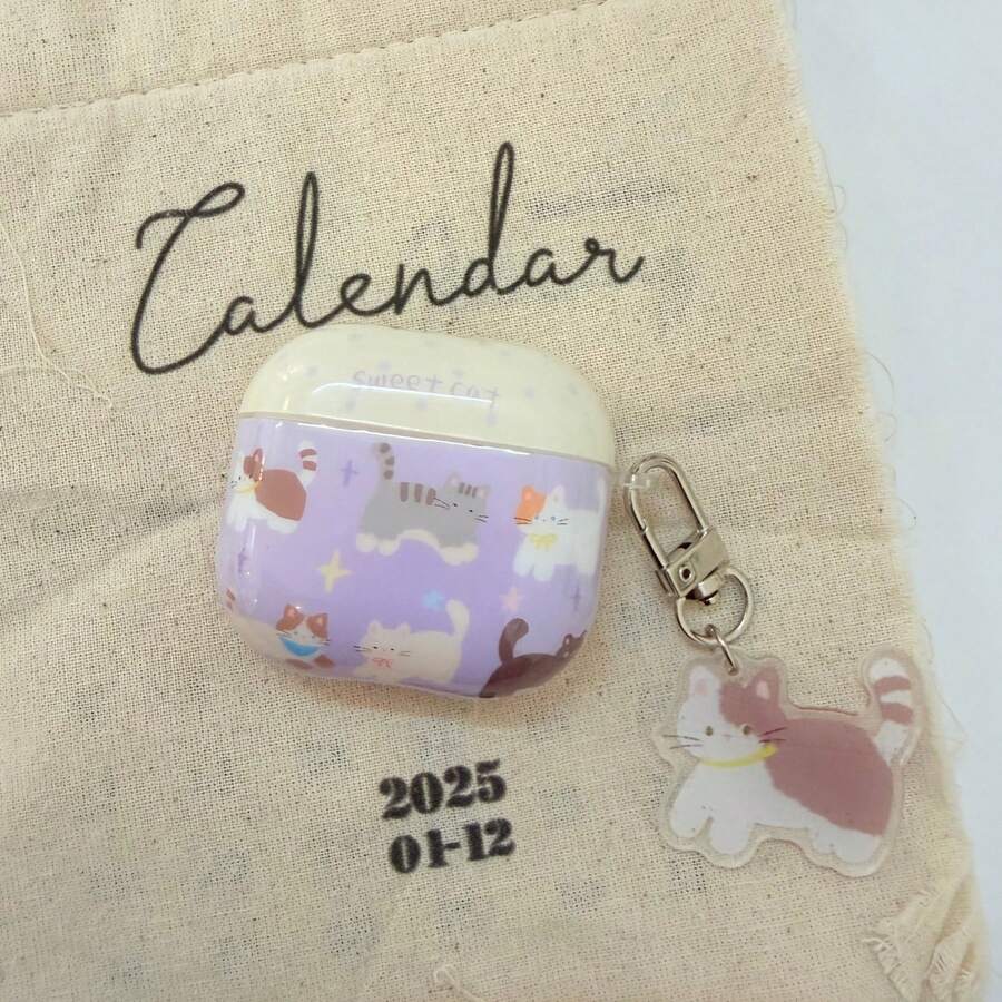 极简紫色波点猫咪吊坠，兼容苹果Pro第二代、第四代可爱保护壳，Pro第三代柔软耳机套（女士款），适用于1/2/3代