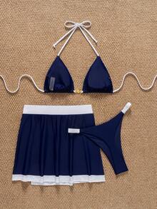 Bộ đồ bơi SunTide màu xanh hải quân, gồm áo bikini tam giác và váy viền trắng tương phản, set 2 món, thời trang và thanh lịch cho kỳ nghỉ hè ở bãi biển. - Xanh đậm - Xem 7