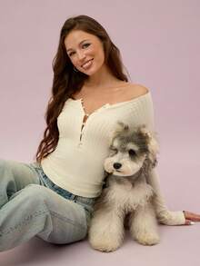 Leadlive 女士性感露肩仿珍珠纽扣前襟罗纹针织长袖上衣，优雅杏色针织面料，常规长度，修身版型，女士休闲衬衫，女士春季T恤 - 杏色 - 查看 2