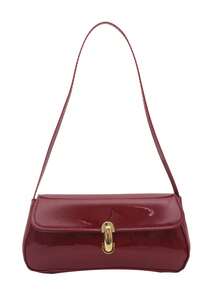 Lacquered Stylish Shoulder Handbag, Fashionable French Baguette Bag, Chic Lock Closure Shoulder Bag - Red - View 8