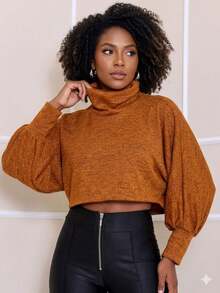 Women's Long-Sleeved Cropped Top With A High Neck In Wool Fabric. - Caramel - View 4