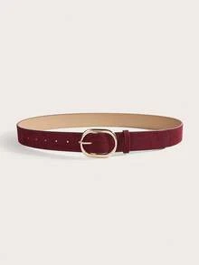 1pc Women's Luxury Elegant Burgundy Velvet Carved Golden Metal Buckle Belt, Versatile Accessory For Jeans, Suitable For Daily Wear - Burgundy Oval Buckle - View 2