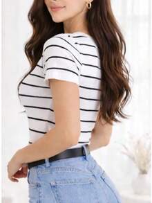 Women's Basic Ribbed Cotton Striped Blouse - White - View 2
