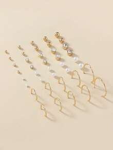 20pcs Set Minimalist Faux Pearl Rhinestone Metal Multi-Size Fashion Stud Earrings, Suitable For Daily Wear And Gifting - Yellow Gold - View 5