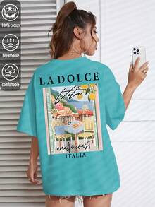 Dolce Vita阿馬爾菲海岸印花女式寬鬆T卹，夏季上衣，K-Pop戰士系列，純棉上衣，女裝服飾，女式夏裝，針織服飾，派對裝束，大碼女裝，大碼女式圓領寬鬆上衣，閨蜜裝，度假服飾，休閒運動裝，優雅上衣，女士運動裝,頂部女裝，促銷女裝，男女同款，青少年裝、基礎款T卹，夏季女裝，柔軟舒適，Y2K風格,春季、夏季、情人節、狂歡節、派對、海灘、婚禮、健身房、優雅、度假、休閒， - 湖綠色 - 查看 3