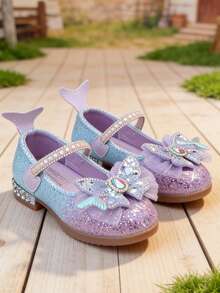 1 Pair Girls' Sequin Mary Jane Dress Shoes, Butterfly Decor Low Heel Single Strap Shoes, Suitable For Party & Performance - Purple - View 5
