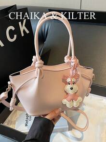 CHAIKA & KILTER 1 Stück einfarbige PU-Leder Umhängetasche, Damen Lässig Mode Beuteltasche mit plissiertem Design, verstellbarer Taillengurt, doppelte Griffe, Magnetverschluss, geeignet für Reisen, Einkaufen, Dates, Geschenke für Frauen, passend für Teenager, Studenten und Bürodamen, ideal für Büro, Schule, Arbeit, Pendeln, Outdoor, Reisen, Picknick (mit Anhänger verkauft) - Pink - Übersicht 6
