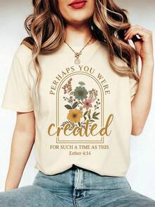 SHIMIDA Women'S Retro Christian T-Shirt- Floral Print God Made Me Awesome& Ephesians 2:10 Bible Verse, Light Beige Round Neck Short Sleeve Casual Top, Washable Religious Inspiration Clothing, Exclusive Spiritual Women,Women's Graphic Round Neck Short Sleeve Tee, Casual Daily Tops, St. Patrick's Day Easter Holiday Outfits - 杏色 - 查看 4