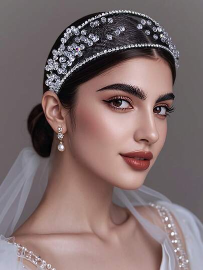 1pc Shiny Silver Crystal Rhinestone Headband, Fashion Crystal Beaded Mesh Hollow Wide-Brim Headpiece, Suitable For Bride, Wedding, Festival, Party, Casual & Work Wear
