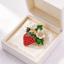 Cute Strawberry & White Flower Brooch, Gold Enamel Rhinestone Pin, Women's Fashion Jewelry, Birthday/Anniversary Gift For Girlfriend/Best Friend - Red - View 2