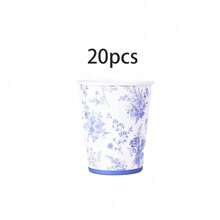 10個/20個/50個 藍色花卉波浪邊一次性紙盤 附藍色邊緣杯子與餐巾紙，藍白印花中式生日婚禮派對用品紙盤套裝，含餐巾紙與馬克杯 (藍色花卉) - 淺藍色 - 查看 16