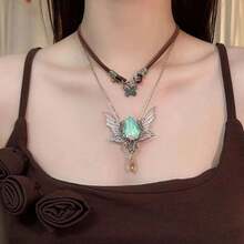 1Pcs Bohemian Butterfly Choker Necklace - Adjustable Leather Collar With Metal Beads & Glass Gem Accents, Vintage Festival Necklace For Music Events, Y2K Brown Goth Jewelry - 棕色 - 查看 4