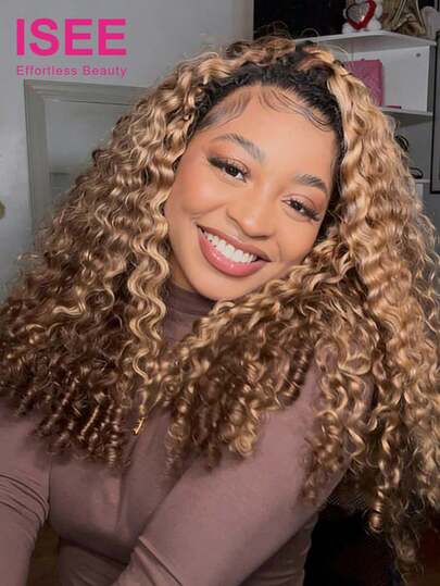 ISEE Tóc giả nửa đầu màu highlight, kiểu tóc xoăn Miến Điện, dài 16-28 inch, mật độ 180%, 3 trong 1, có dây rút, đường chân tóc tự nhiên, thân thiện với người mới bắt đầu, không đường may, không keo, không ren.