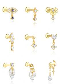 925 Sterling Silver Mini Stud Flat Back Earrings For Women 18K Gold Plated Helix Cartilage Piercing Jewelry Dainty Star Cluster Cubic Zirconia Lotus Climber Screw Backs - Gold - View 1