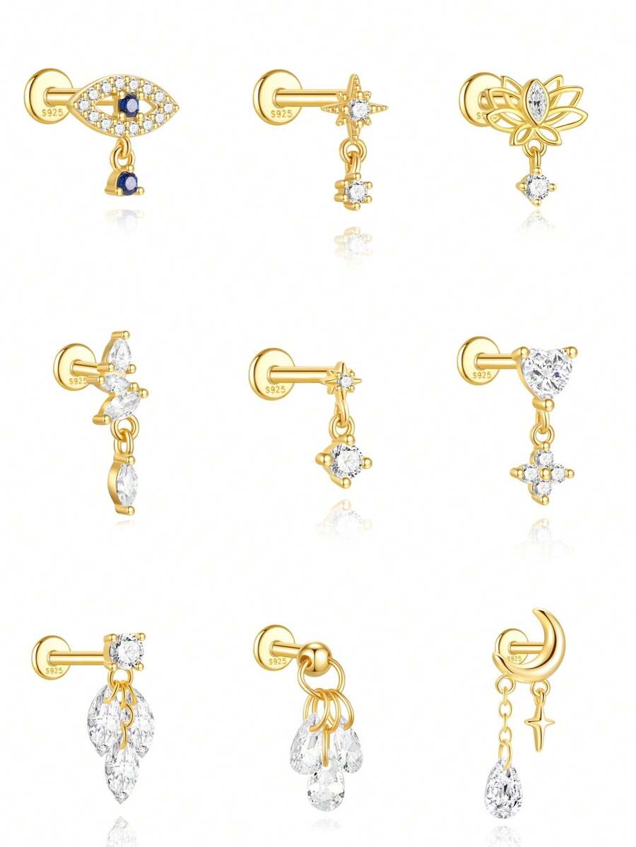 925 Sterling Silver Mini Stud Flat Back Earrings For Women 18K Gold Plated Helix Cartilage Piercing Jewelry Dainty Star Cluster Cubic Zirconia Lotus Climber Screw Backs - Gold - View 1