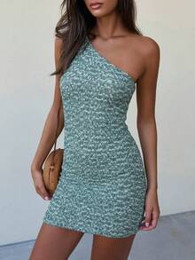 Women's Spring/Summer Vacation One Shoulder Textured Dual-Tone Elastic Fabric Bodycon Dress, Suitable For Daily And Vacation Wear - Multicolor - View 1