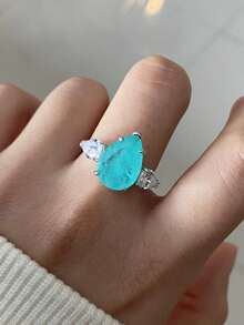 极简椭圆水滴梨形帕拉伊巴几何戒指，蓝色，女士珠宝礼物 - 白色 - 查看 4