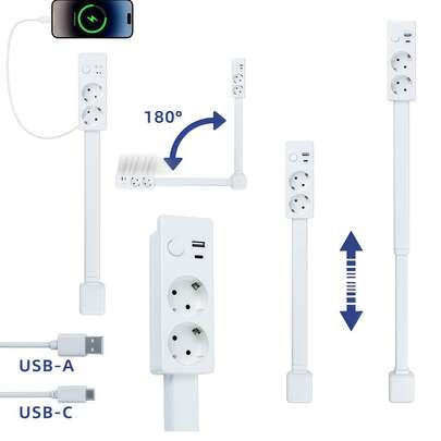 1个带USB-A、USB-C接口和2个交流电源插座的电源插座延长器，最长可延长27.56英寸
