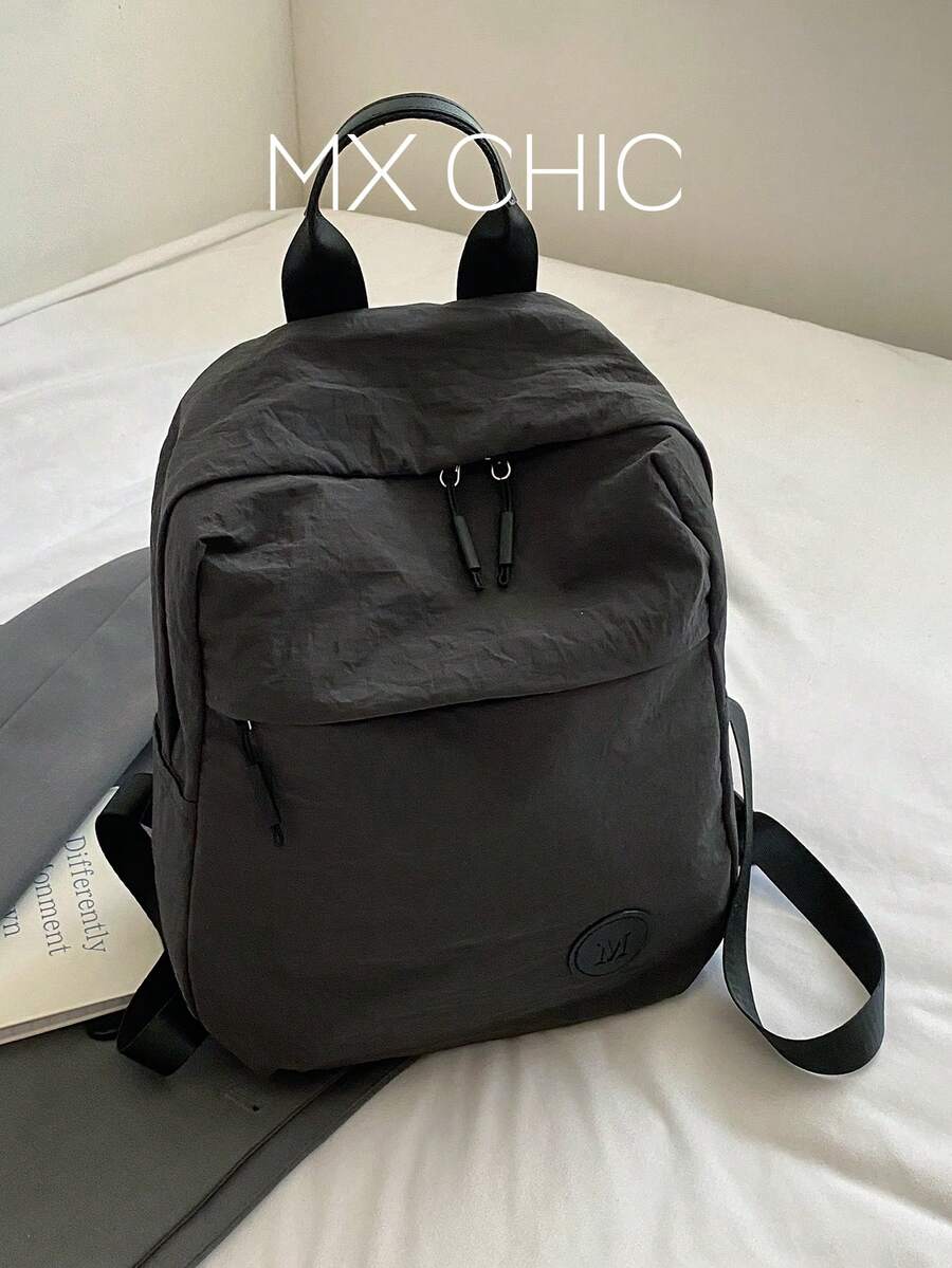1pc Solid Color Fabric Double Washed Nylon Lightweight Large Capacity Travel Backpack, Minimalist Portable Backpack For College Students - Black - View 1