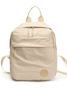 1pc Solid Color Fabric Double Washed Nylon Lightweight Large Capacity Travel Backpack, Minimalist Portable Backpack For College Students - Beige - View 7