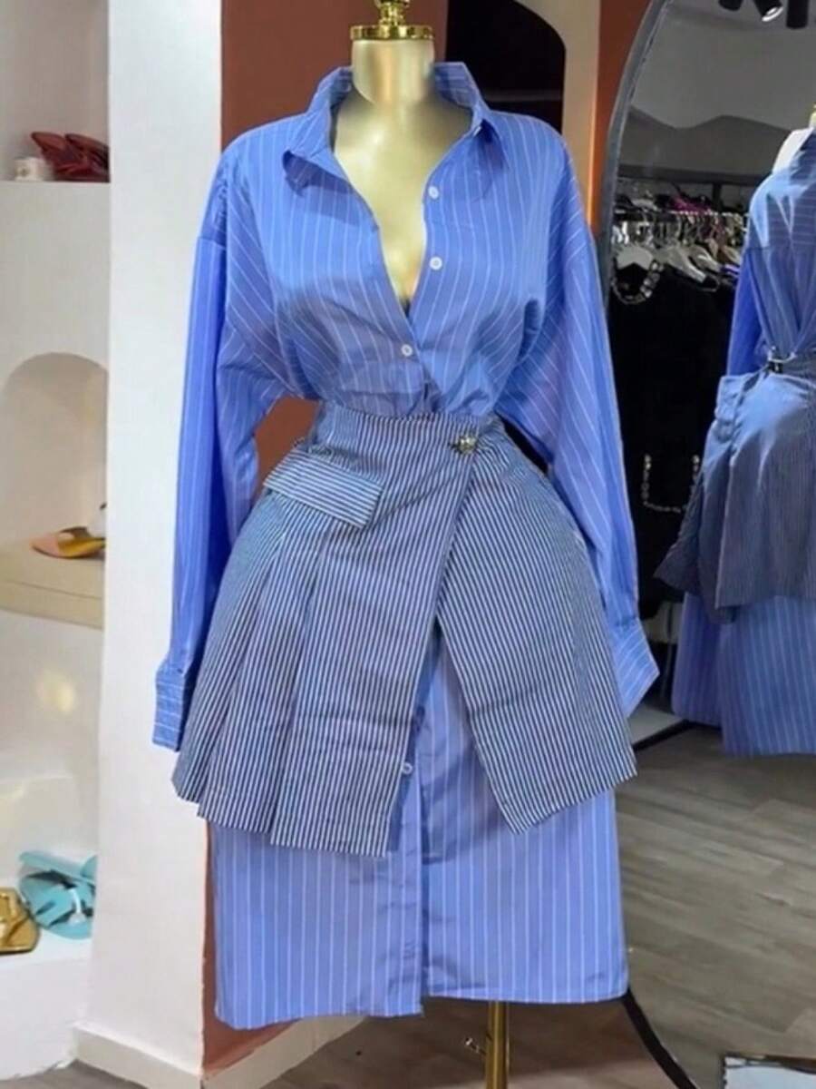 Temperament Personality Fashion Lapel Blue Striped Long Sleeve Shirt Waist Seal Casual Suit - Màu xanh lam - Xem 1