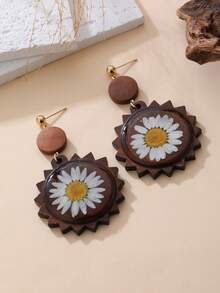 一对天然木质底座干花向日葵耳环，自然主义设计，夸张风格，适合旅行、度假、派对、下午茶、音乐节和日常佩戴。 - 咖啡 - 查看 1