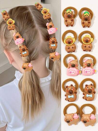 10 piezas de Multicolor Lindo Capibara Scrunchies para el cabello, adecuado para el uso diario casual de niñas