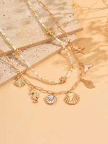 2pcs/Set Bohemian Island Style Ocean Creature Pendant Necklace, Handmade Beaded Choker Necklace, Fashionable Jewelry Set For Women, Suitable For Daily Wear, Beach, Party, Music Festival. The Handmade Chain Can Be Customized In Length. - Multicolor - View 4