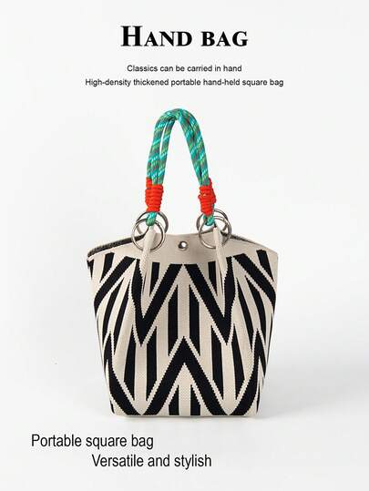 Geometric Pattern Multi-Color Knot Decor Large Capacity Bucket Bag, Handheld Tote, Elegant Multifunctional Travel Handbag