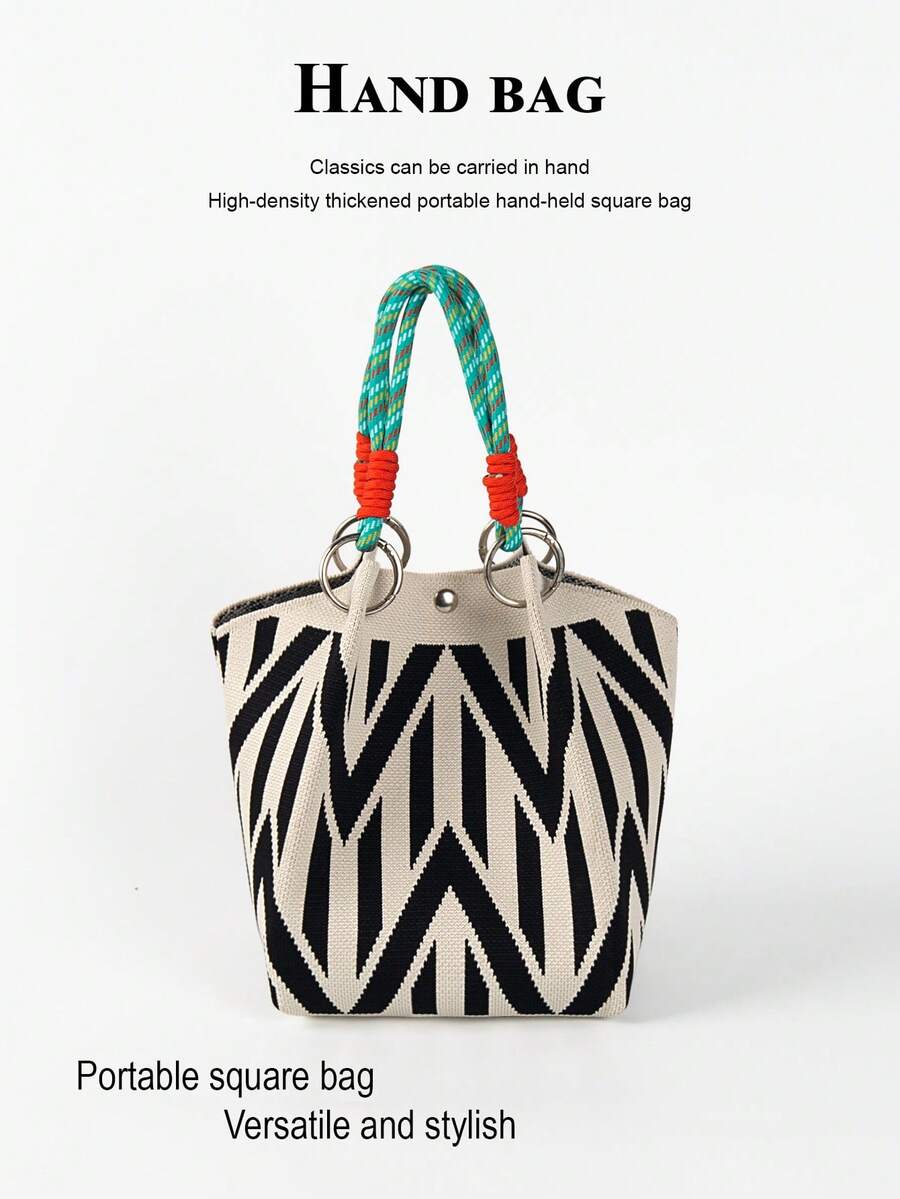 Este bolso casual de mujer con diseño de bloques de color presenta un asa de cuerda tejida en blanco y negro, perfecto para mujeres trabajadoras, profesoras y estudiantes - Blanco y Negro - Ver 1