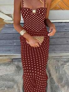 1pc Polka Dot Print Summer Sleeveless Dress, Suitable For Women's Beach Vacation Outfit On Valentine's Day, Elegant Party Wear - Đỏ - Xem 3