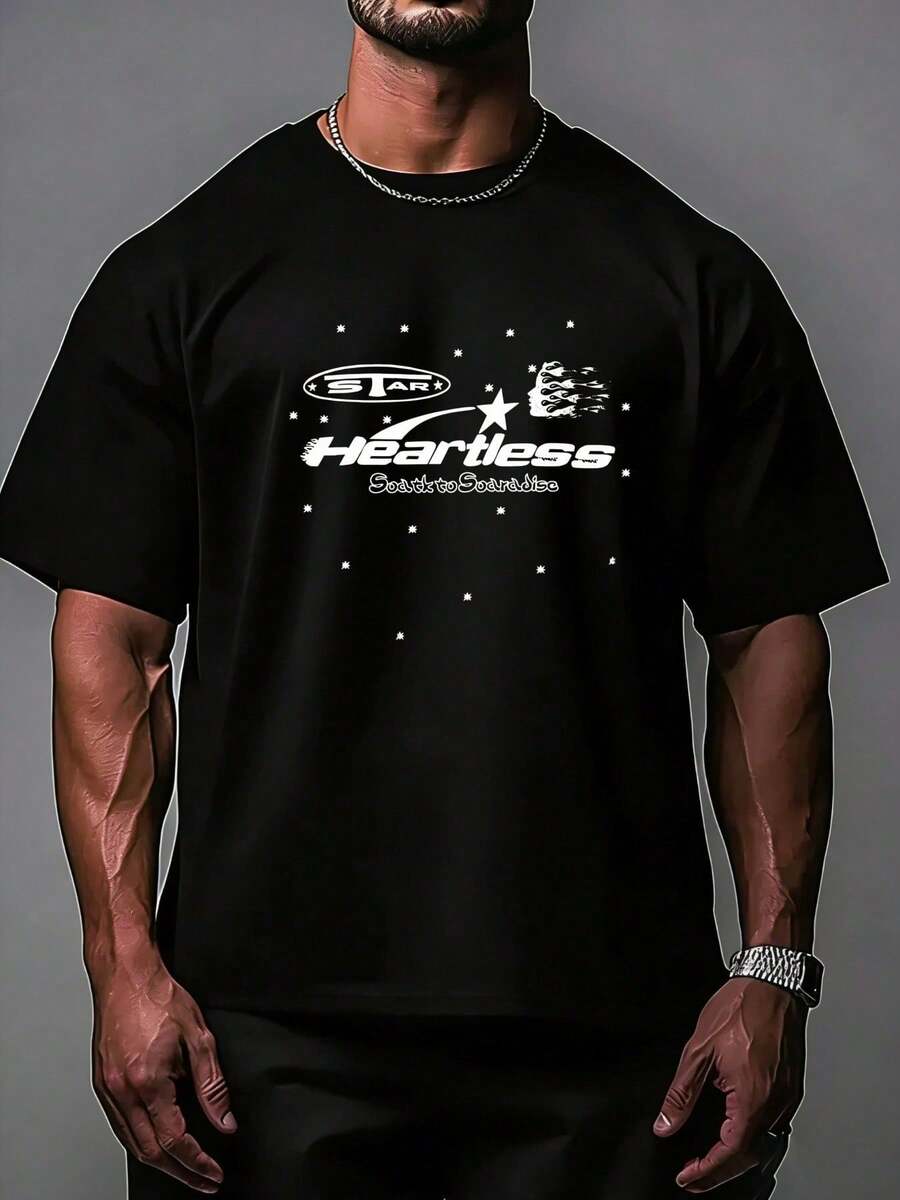 Hellstars Heartless Soar To Soardise Star Y2K Graphic T-Shirt,220g 100% Cotton,Round Neck Short Sleeve,Black Streetwear Essential For Summer Going Out,Unisex Style - 黑色 - 查看 1