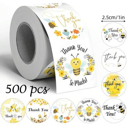 500pcs Cartoon Bee English Thank You Graffiti Stickers, 1 Inch Round 8 Patterns, Envelope, Magazine, Phone Case, Water Cup, Computer Helmet, Scrapbook DIY Decor, Holiday Party Gift Packaging, PVC Waterproof Seal Stickers Scrapbook Supplies Stationery Funny Stickers Kindle