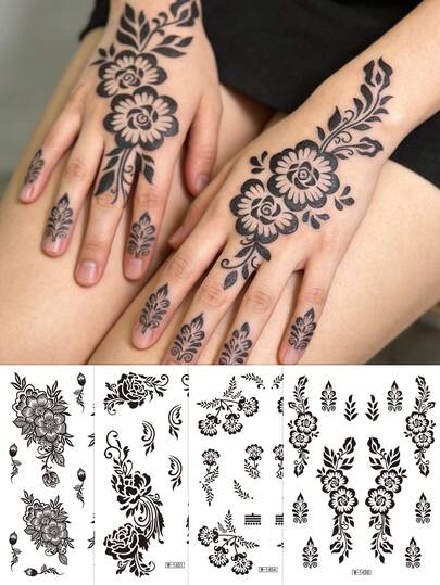 4 Sheet Black Henna Temporary Tattoo Stickers, Waterproof Long Lasting Henna Tattoos, Rose Vine Floral&Decorative Leaf Design, For Women, Fake Tattoos, Body Art, Hanna Tattoo Sticker