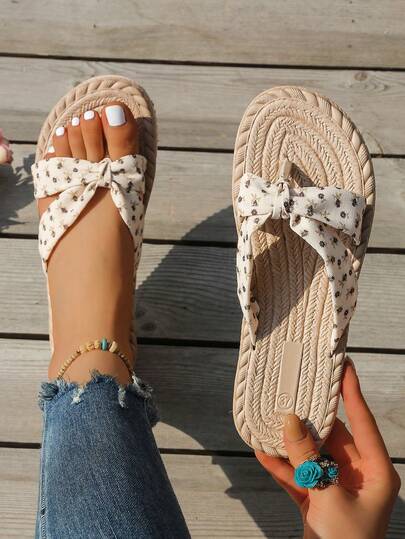 女士时尚沙滩人字拖，大码趾环凉鞋，适合户外度假，露趾拖鞋，女士蝴蝶结装饰平底凉鞋，轻便夏季拖鞋，防滑女士沙滩鞋