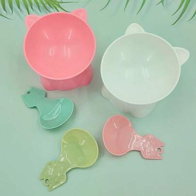 Tilted Cat Bowl, Nordic Style Cartoon Anti-Neck Strain Anti-Spill Plastic Raised Pet Bowl & Spoon Set, Pet Feeding & Drinking Bowl, Comes With Food Scoop