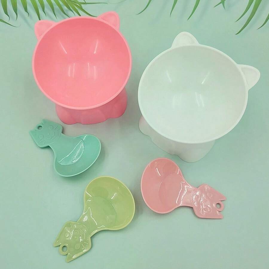 倾斜式猫碗，北欧卡通风格防颈伤防溢塑料宠物碗勺套装，宠物喂食饮水碗，附赠食物勺 - 100ml - 查看 1