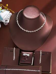 4pcs (Necklace + Earrings + Bracelet + Ring), Shiny Minimalist Wave Design, Suitable For Evening Gowns, Graduation Gifts - White - View 2