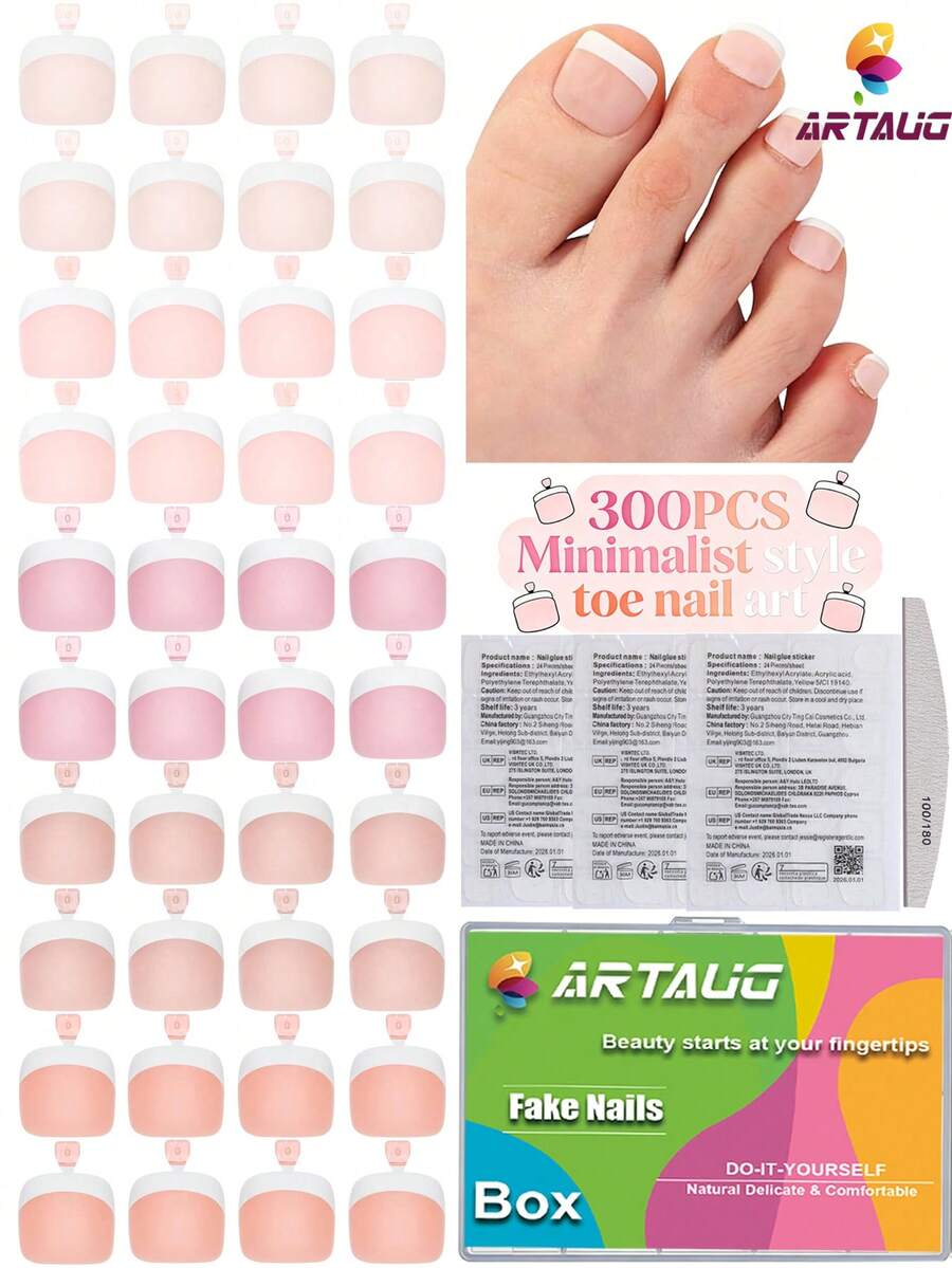 300片白色渐变色美甲贴纸。自然通勤风格，多功能，适合各种场合。短款扁平美甲贴。非常适合学生和上班族日常美甲。通勤必备。裸粉色美甲。价格实惠的日常美甲产品。