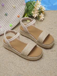 1 Par de Sandálias de Verão para Meninas, Estilo Minimalista e da Moda para Praia e Férias, Sandálias de Plataforma Bege com Sola Grossa, Sandálias de Palha Trançada de Verão para Crianças, Adequadas para Férias e Uso Diário - Damasco - Visão 8