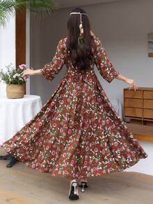中東阿拉伯風休閒波希米亞刺繡設計藝術復古度假風棕色長裙 - 棕色 - 查看 2