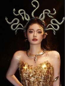 1件万圣节女神蛇头服装头箍美杜莎派对角色扮演哥特式皇冠服装头饰拍照服装配饰 - 綠色 - 查看 6