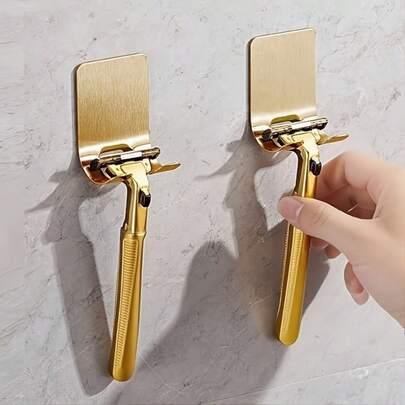 2pcs Gold No-Drill Adhesive Wall Hooks, No Drilling Required, Bathroom Razor Holder Hooks, Men's Shaver Hooks, Stainless Steel Door Wall Hooks, Bedroom Hat Hooks, Bathroom Kitchen Bedroom Robe Hooks, Shaver Rack Storage Accessories, Bathroom Accessories