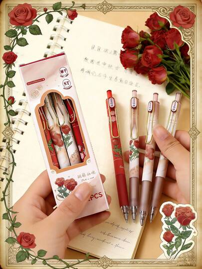 Bộ 4 bút bi bấm đầu hình hoa trung tính, mực gel 0.5mm, kiểu dáng dễ thương, phù hợp cho nữ giới, dùng cho văn phòng phẩm và học tập.