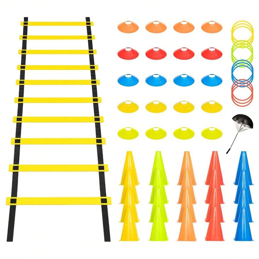 Professional Agility Speed Ladder & Cones Set Complete Football Training Kit With Hurdles, Marker Cones, Rings, And Parachute For Sports Drills - 套裝 2(1 個敏捷梯板 + 20 - 查看 1
