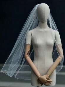 1pc Fine Mesh Lockstitch Bridal Veil, Simple Design For Wedding Ceremony And Banquet, Comes With Hair Comb - White - View 2