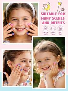 32 piezas de uñas postizas para niños EBANKU, set de uñas falsas de tamaño completo en forma de almendra, uñas postizas cortas completas, adecuadas para mujeres en manualidades de uñas - Multicolor - Ver 5