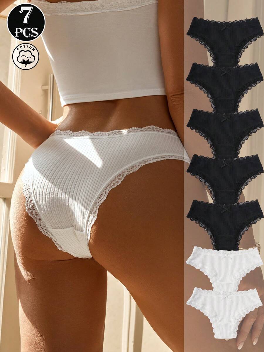 7pcs Women's Floral Contrast Lace Trim Cotton Panties - Black and White - View 1